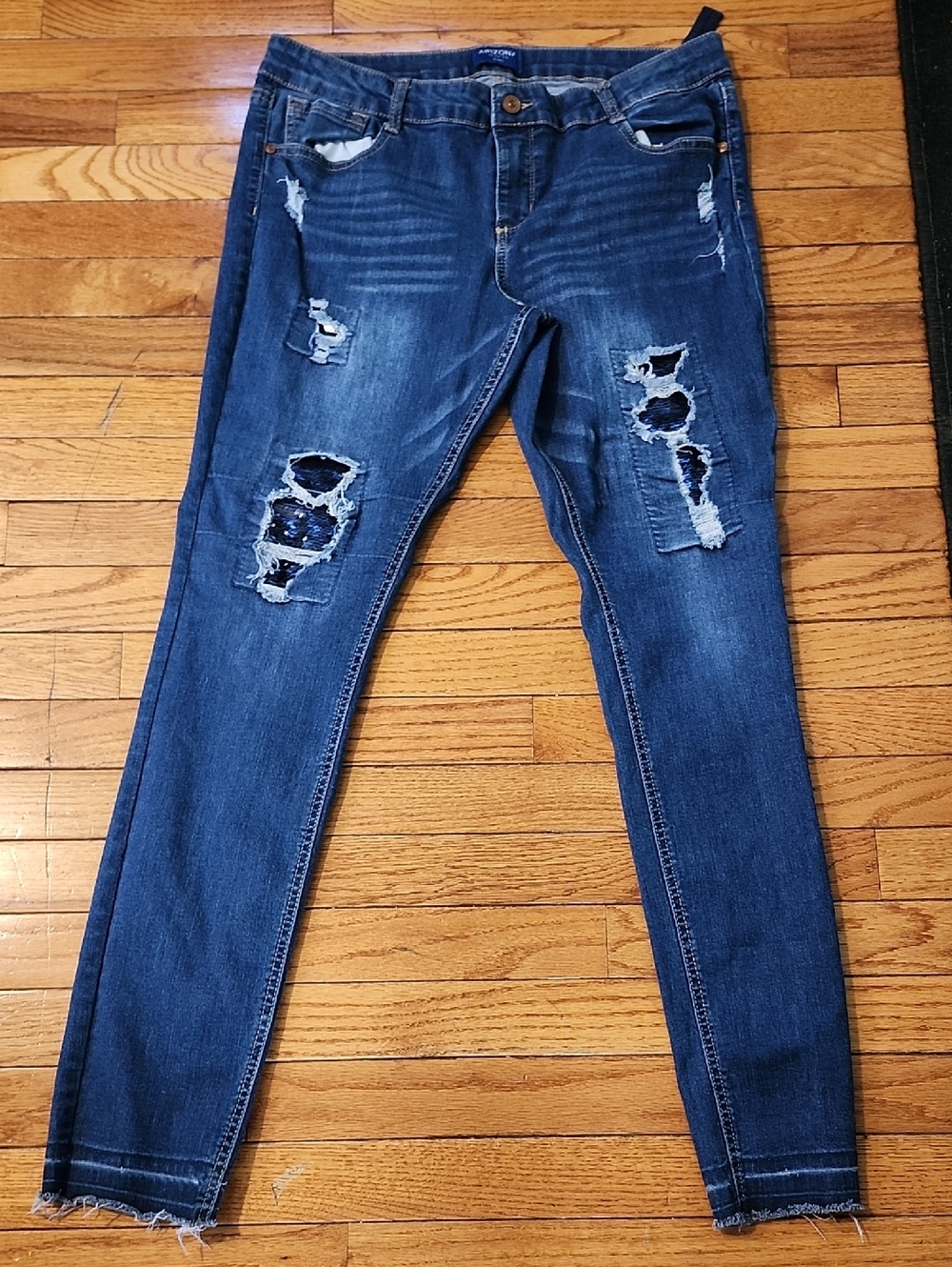 Arizona Girl’s Plus Dark Blue Distressed Flippable Sequin Skinny Jeans; 20.5 P